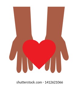 Two dark hands and a heart on a white background. Vector illustration.