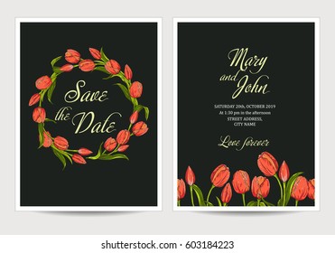 Two dark invitation for wedding with tulips flowers. Vector illustration