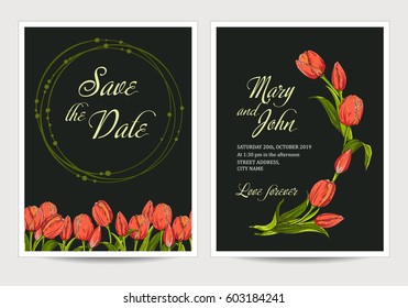 Two dark invitation for wedding with tulips flowers. Vector illustration