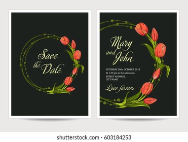 Two dark invitation for wedding with tulips flowers. Vector illustration