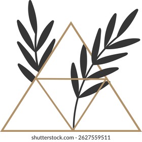 Dos hojas oscuras son triángulos dorados que se cruzan, formando un logotipo moderno y elegante, adecuado para negocios relacionados con la naturaleza, los cosméticos o el bienestar