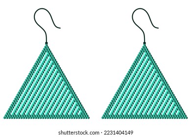 Two dark and light turquoise earrings in the shape of a triangle, made of 3D squares