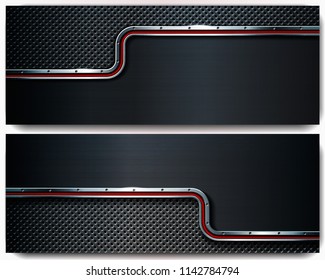 Two dark metal perforated backgrounds with place for text. For industrial and technology design. Vector illustration. 