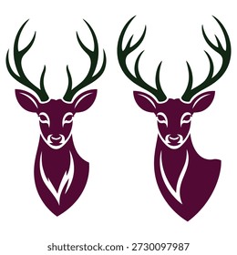 Two dark purple deer head silhouettes with dark green antlers on white animal d