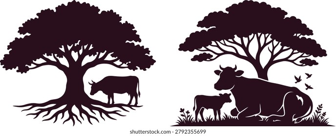 Two dark purple silhouette illustrations of cows under trees, one with a calf and birds, on a white background.