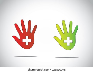 two dark red and green human hand silhouette with medical plus care symbol in the middle health hospital healthcare ward abstract art
