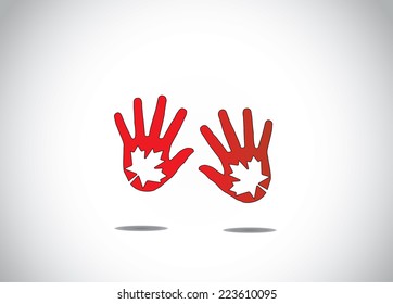 two dark red human hand silhouette with maple leaf leaves symbol in the middle abstract canadian patriotic young person art