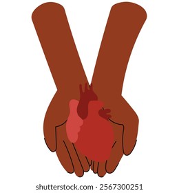 Two dark skin hands holding a human heart, symbolizing care and life-saving generosity. National Organ Donor day.