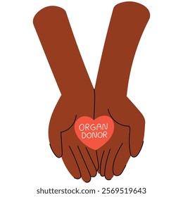 Two dark skin hands holding a heart with the inscription Organ Donor, symbolizing care and life-saving generosity. National Organ Donor day.