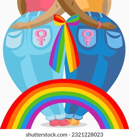 Two dark skin lesbian women in jeans holding each other, connected with colourful bow and rainbow - vector illustration. LGBT pride Gay and Lesbian concept