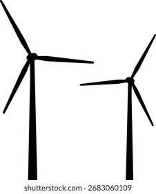 Dos turbinas eólicas oscuras se encuentran en silueta sobre un fondo blanco, representando la energía renovable.