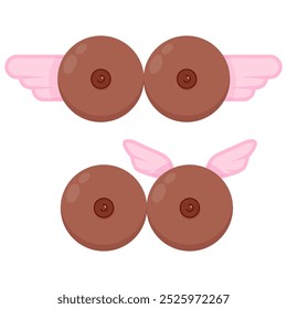 Two dark-skinned female breasts with pink wings in Breast Cancer Awareness Month