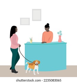 Two dark-skinned girls near the reception desk, animal hotel, veterinary clinic, flat vector, isolate on white, faceless illustration