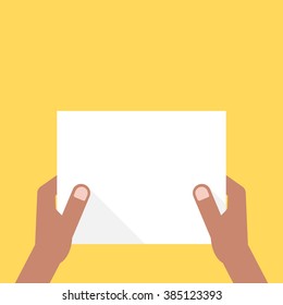 two dark-skinned hands holding white sheet. concept of notice, invitation, headline, check list, office note, show, ui, test. flat style trend modern design vector illustration on yellow background