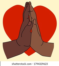 Dos manos de piel oscura sobre el fondo de un corazón rojo. Una palmera de hembra está unida a la palma de los hombres. Gestos - Tensión y pasión. Día del Amor y San Valentín. Vector 