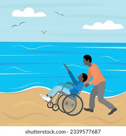 Two dark-skinned people on the seashore, one of them in a wheelchair, in motion