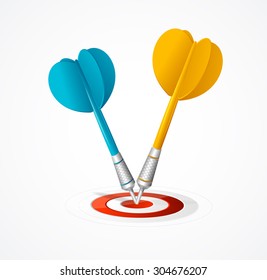 Two Darts hit the target isolated on white background. Vector illustration