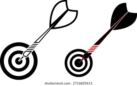Dos dardos y objetivos, uno en blanco y negro, el otro con acentos rojos Vector