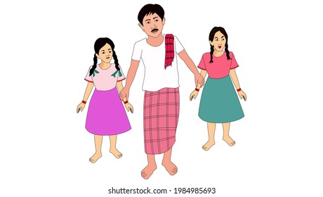 Two daughters with father - illustration