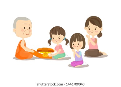 Two Daughters and Mother sitting and offering alms to Buddhist with The Yellow Robe  