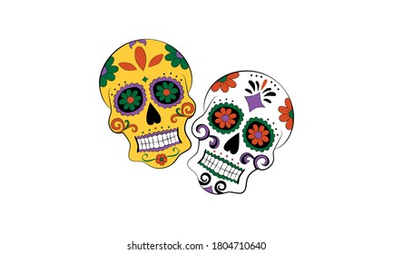 Two day of the dead calaveras or sugar skulls, Vector. Multi-colored skull isolated against background. Great for traditional and cultural celebrations.