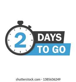 Two days to go sign. Vector stock illustration. label, blue alarm clock flat with ribbon, promotion icon, best deal symbol.