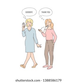 Two deaf women, a blonde and a redhead, show basic words of goodbye and thank you. Basic words gestures, sign language for deaf mute, vector illustration in flat style.