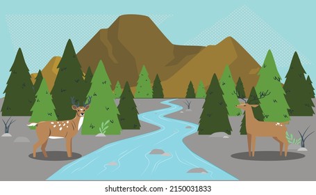 Two Dear Animal In Hills Trees Near Lake