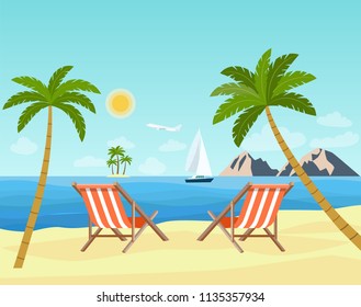 Two deck chairs on the beach. Landscape of beach and ocean. Vector flat style illustration.