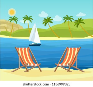 Two Deck Chairs On The Beach. Tropical Landscape. Vector Flat Style Illustration.