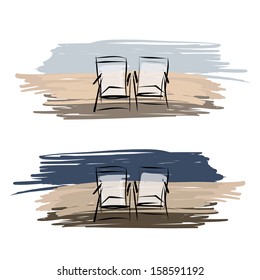 Two deck chairs on the beach, sketch for your design