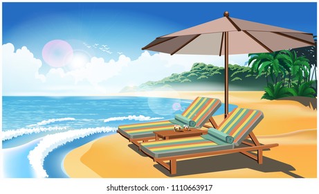 Two deck chairs and an umbrella on the sandy beach of an exotic country