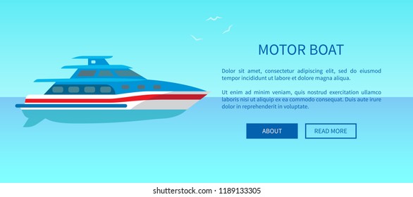 Two deck motor boat advertisement poster offering traveling on yachts by sea or ocean vector illustration. Sailboat web page design in travelling concept
