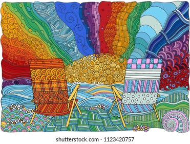 Two deckchairs on a beach, facing out to sea. Art in zentangle style. Doodle, hand-drawn, vector illustration.