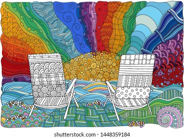 Two deckchairs on a beach, facing out to sea. Coloring book page for adult. Art zentangle style. Doodle, hand-drawn, vector illustration. Black and white  and other colors