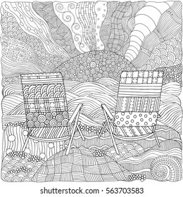 Two Deckchairs On A Beach, Facing Out To Sea. Coloring Book Page For Adult. Art Zentangle Style. Doodle, Hand-drawn, Vector Illustration. Black And White Colors