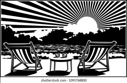 Two deckchairs on the beach, whiskey and the setting sun over the sea