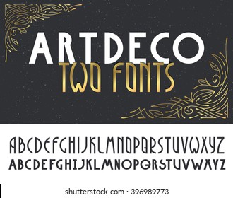 Two deco vintage poster typefaces, fonts. Set of retro style latin capital letters.