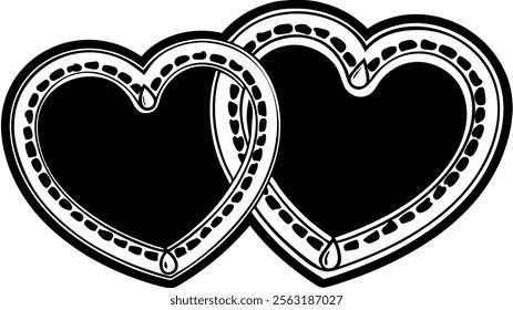 Two decorated black hearts with dotted borders and intricate design. Valentine's Day theme illustration