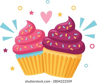 Two decorated cupcakes with pink and purple frosting and sprinkles