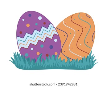 Two decorated Easter eggs on green grass. Happy easter. Colorful egg on meadow with decor isolated on white background. Cartoon decorative vector element for holiday. Vector illustration