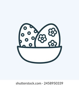 Two decorated eggs in a bowl icon. Flowers and polka dots patterns. Easter festive symbol outline pictogram. Editable stroke. For website design, mobile app, decoration element. Vector illustration