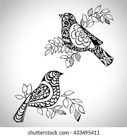 Two decorative birds. Hand drawn birds for your design.