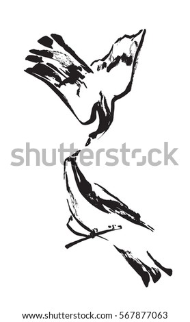 Two decorative birds painted by black ink. Hand drawn vector illustration. Isolated on white background.
