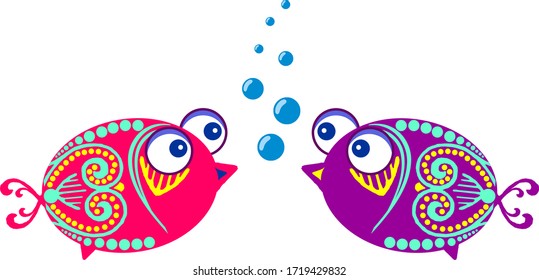 Two decorative cartoon violet fishes with big eyes