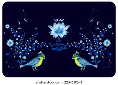 Two decorative chickadees with a delicate bouquet of flowers on a blue background