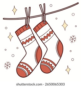 Two decorative Christmas stockings hang from a line, surrounded by stars and snowflakes on a white background.
