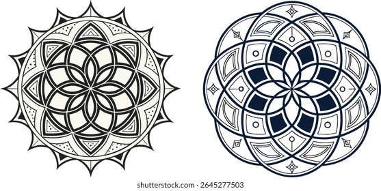 Two decorative geometric mandala designs in black and white on isolated background.