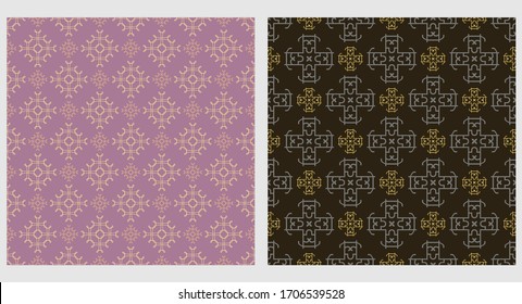 Zwei dekorative geometrische Muster. Retro-Stil. In den Bildern verwendete Farben: schwarz, gold, violett. Vektorillustration-Bild.