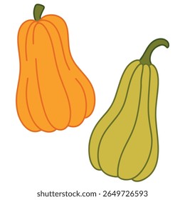 Two decorative gourds in yellow and green tones isolated on white background, symbol of fall harvest and natural food